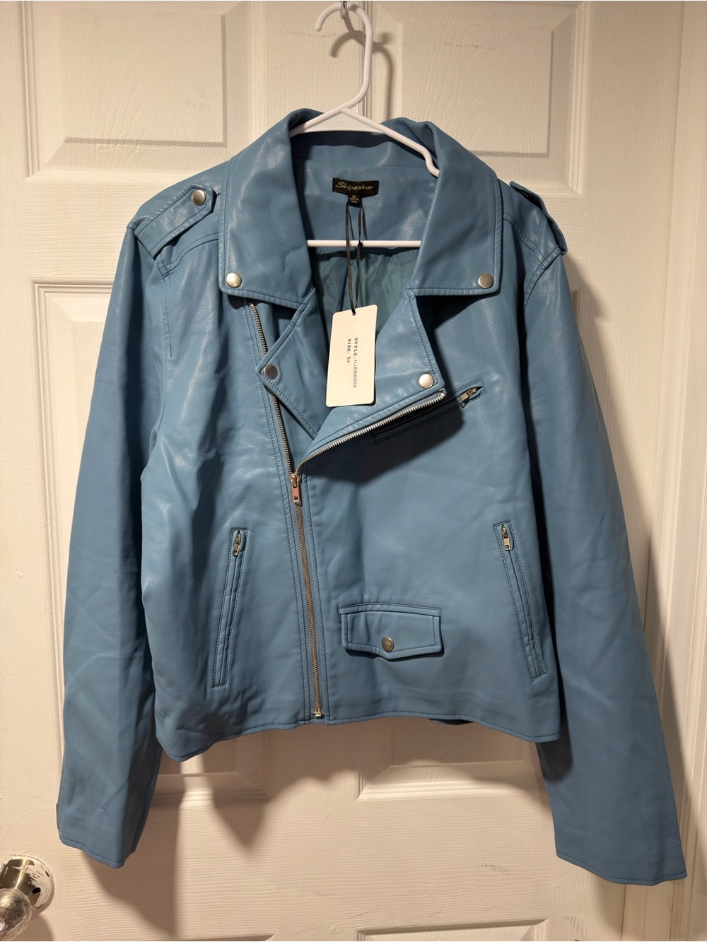 Shinestar Light Blue Faux Leather Moto Jacket - Women's
